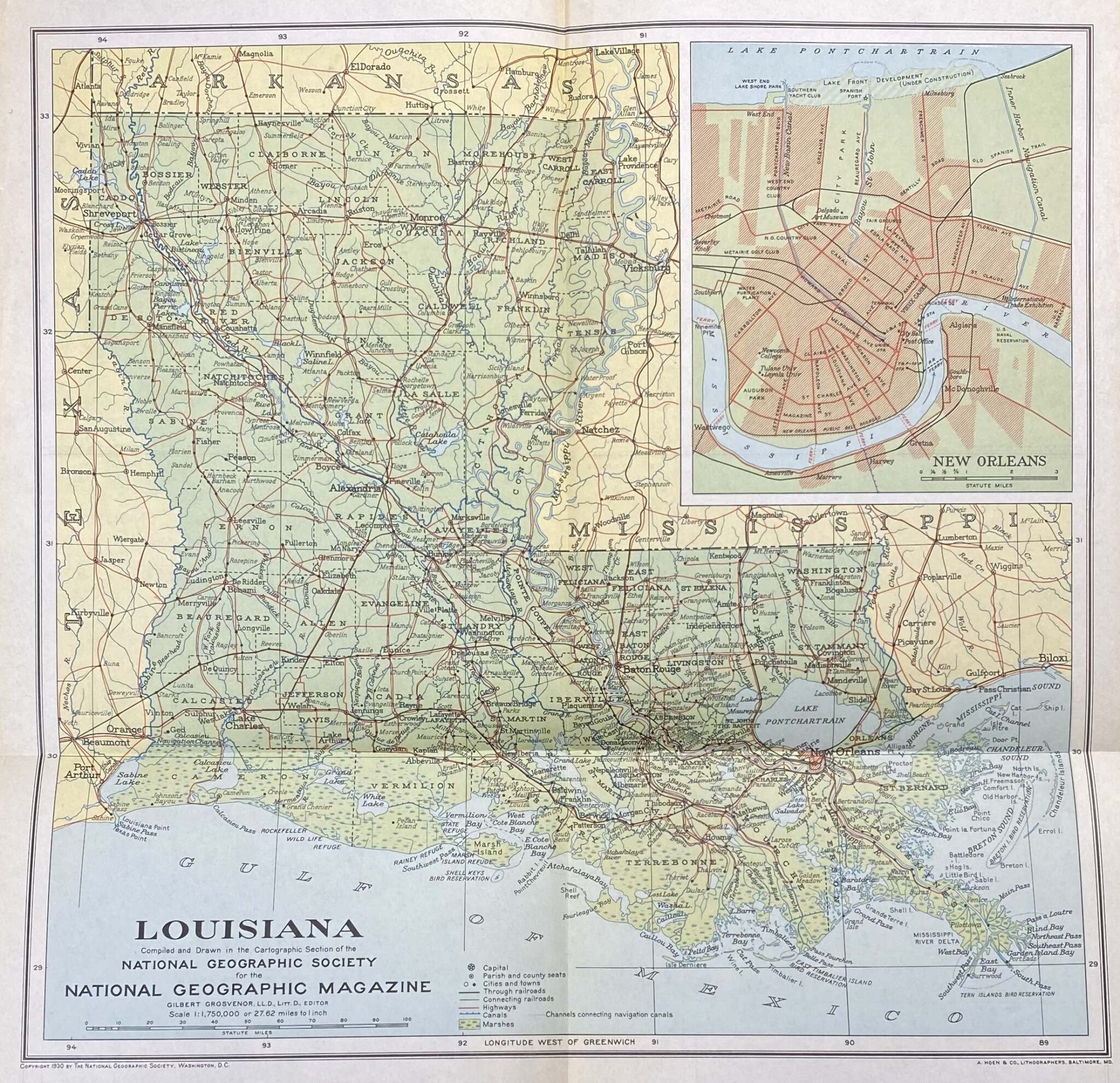Map 1930 Louisiana National Geographic Back Issues